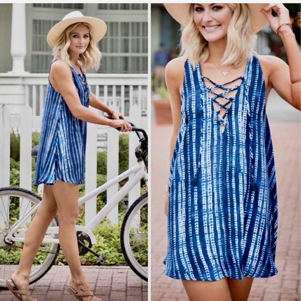 Show Me Your MuMu Rancho Mirage Lace Up Mini Dress in Indigo Rain Large Beach